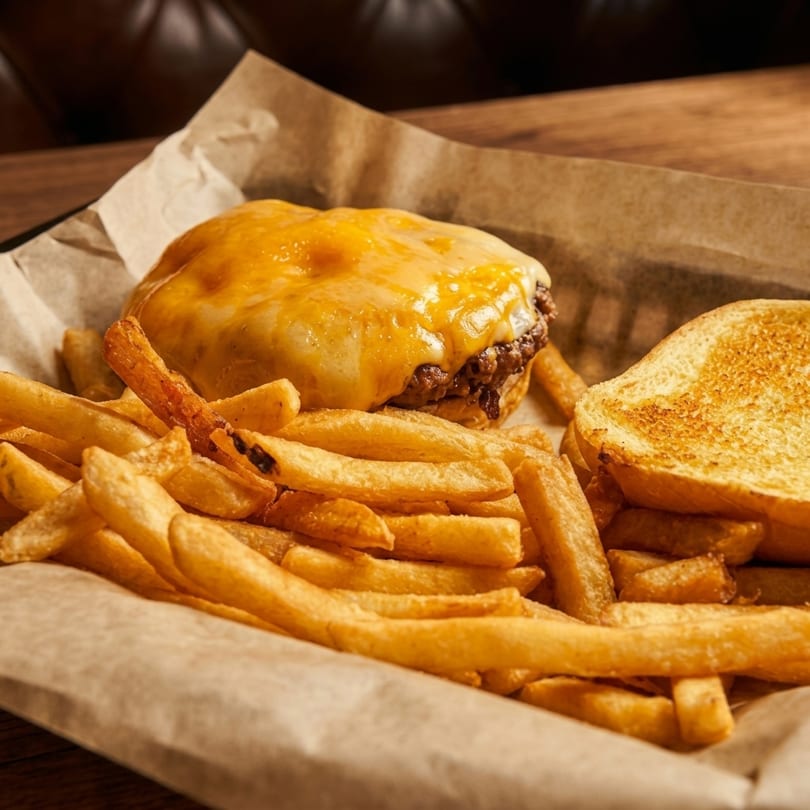 Cheeseburger with melted cheese and a side of golden french fries in a basket.