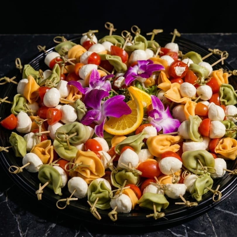 Colorful tortellini, cherry tomatoes, and mozzarella balls on skewers, garnished with orchids and orange slices.