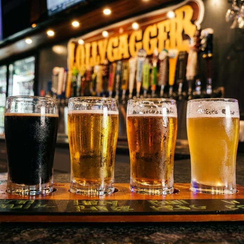 Four glasses of beer, dark to light, on a wooden paddle in front of a bar.