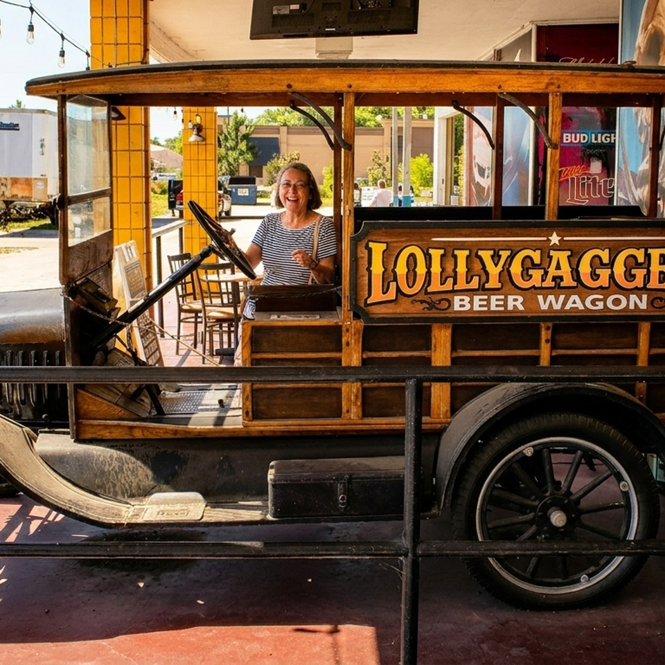 A smiling woman sits in a vintage "Lollygaggers Beer Wagon" vehicle, parked outdoors.