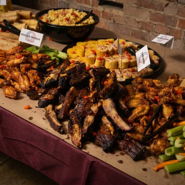 A buffet table laden with barbecue ribs, chicken wings, pasta salad, and rolled sandwiches.