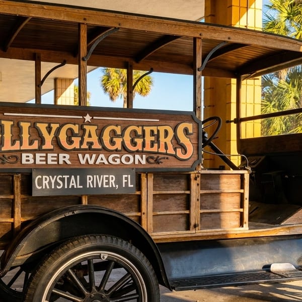 Vintage black truck with a wooden "Lollygaggers Beer Wagon" sign parked outside.