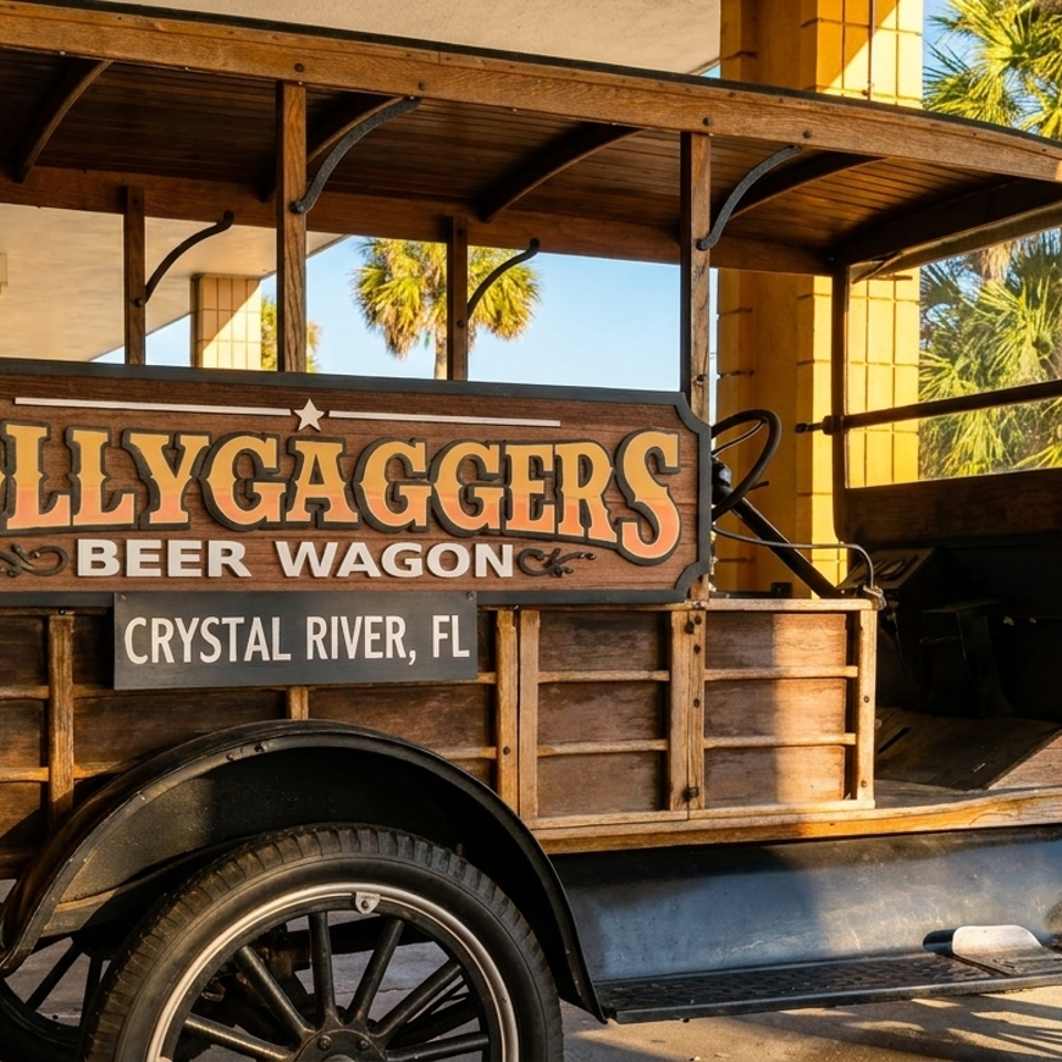 Vintage black truck with a wooden "Lollygaggers Beer Wagon" sign parked outside.
