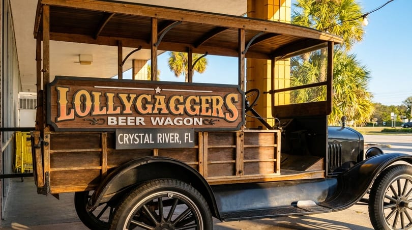 Vintage black truck with a wooden "Lollygaggers Beer Wagon" sign parked outside.