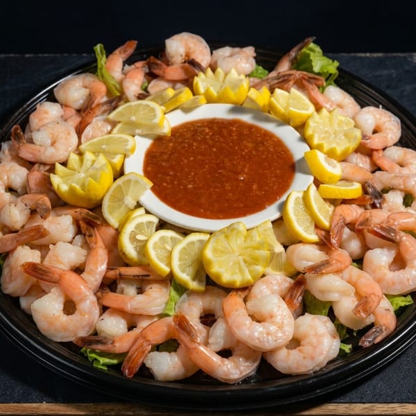 Large platter of cooked shrimp with cocktail sauce and lemon wedges on a dark background.