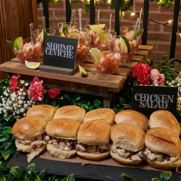 Shrimp ceviche cups and chicken salad sliders displayed on a rustic wooden stand with floral accents.