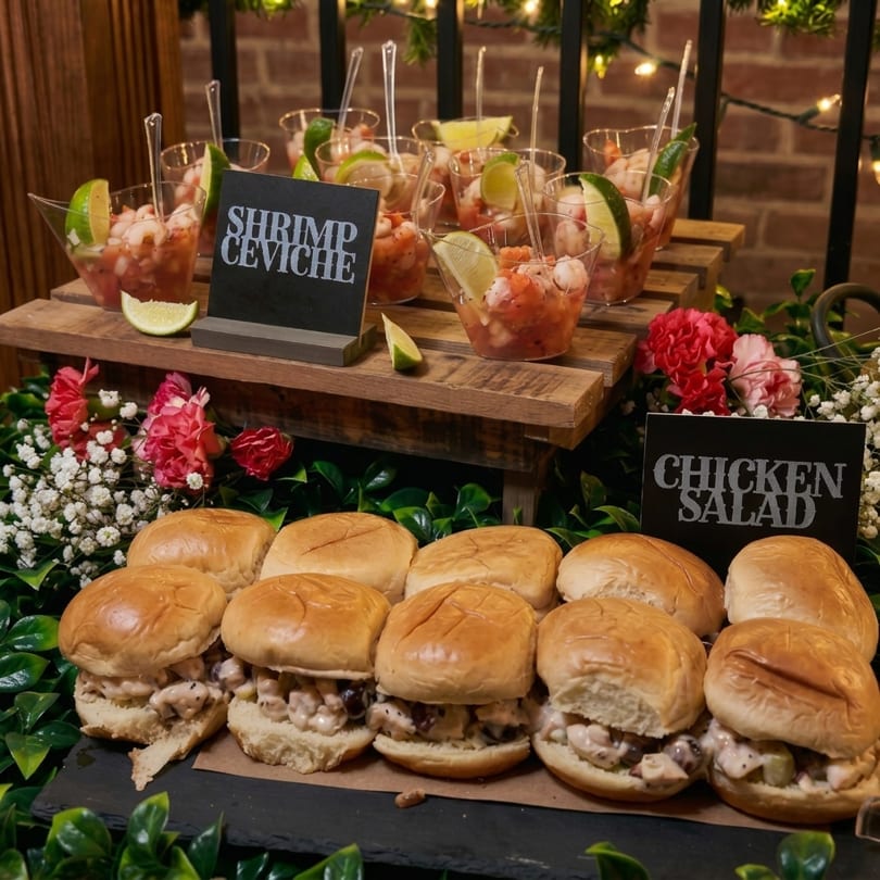 Shrimp ceviche cups and chicken salad sliders displayed on a rustic wooden stand with floral accents.