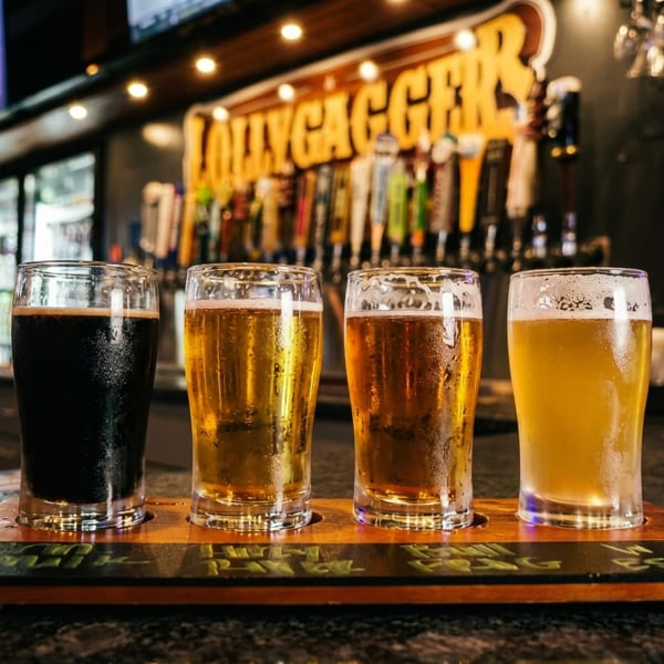 Four glasses of craft beer, dark to light, on a wooden paddle with a bar in the background.